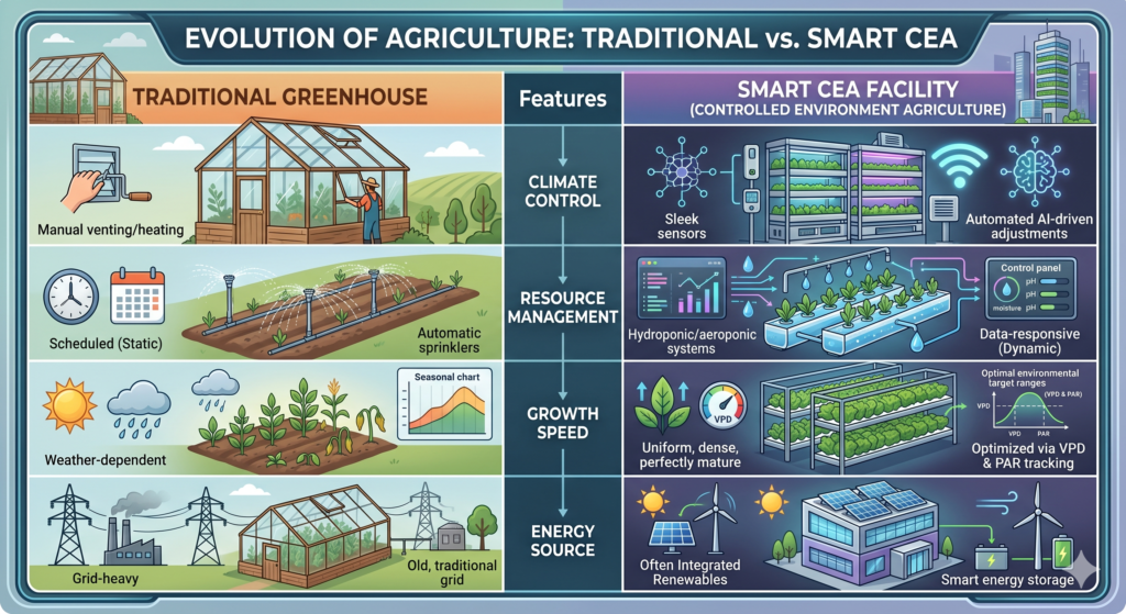 Evoulution of Agriculture: Traditional Greenhouse vs Smart CEA (Automated)