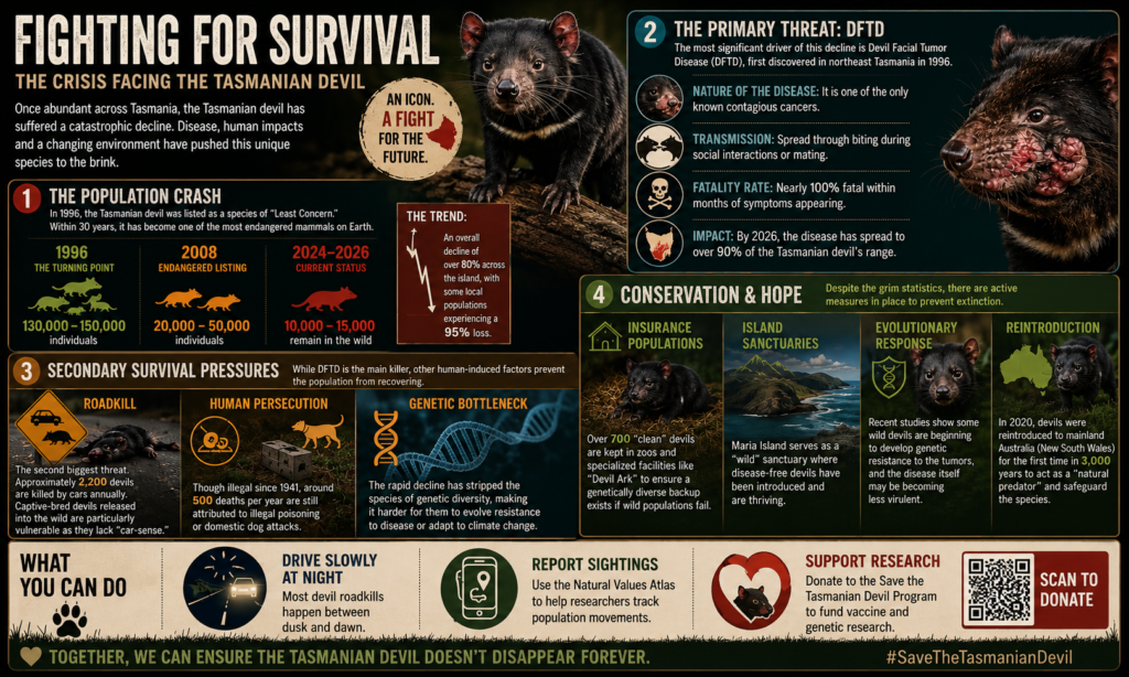 Infographic about the Tasmanian Devil Endangered specie History and statistics   