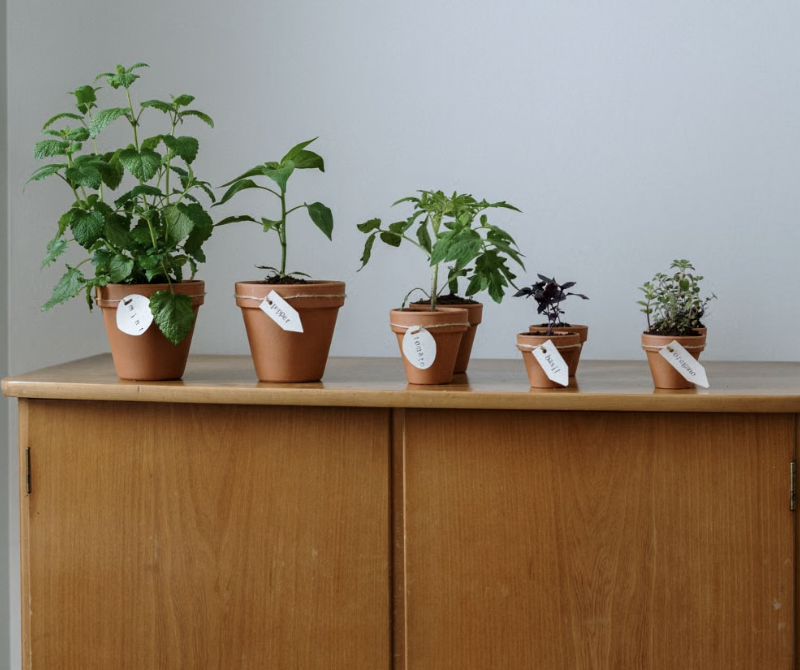 A variety of potted Basil Seedlings labeled and arranged on a wooden cabinet indoors.